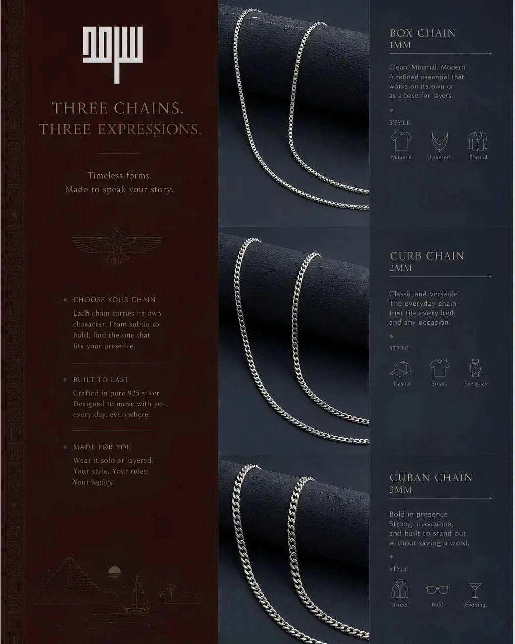An informational product graphic for a jewelry chain set showing three chain styles: box chain, curb chain, and cuban chain. The left side has a dark brown panel with product text and branding, and the right side shows close-up views of the silver-toned chains draped over black display forms against a dark background.