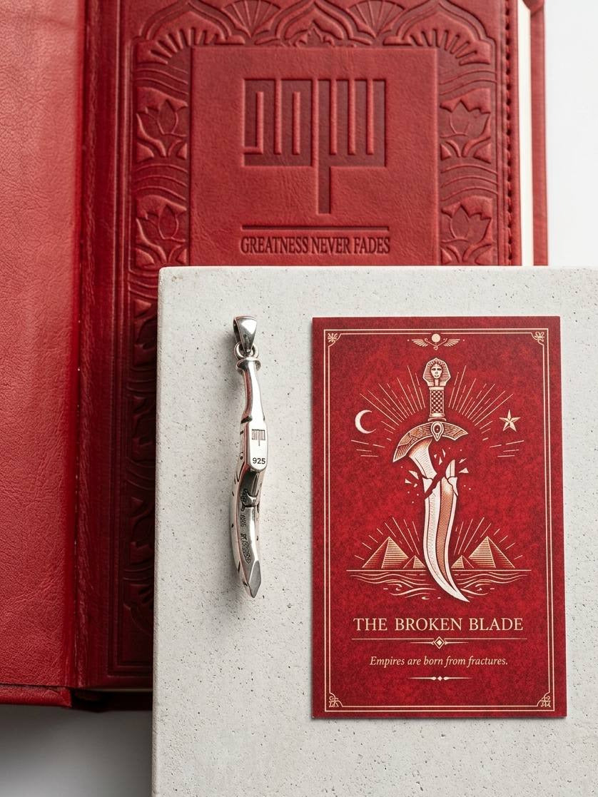 Red book with embossed design and 'The Broken Blade' title on a white surface