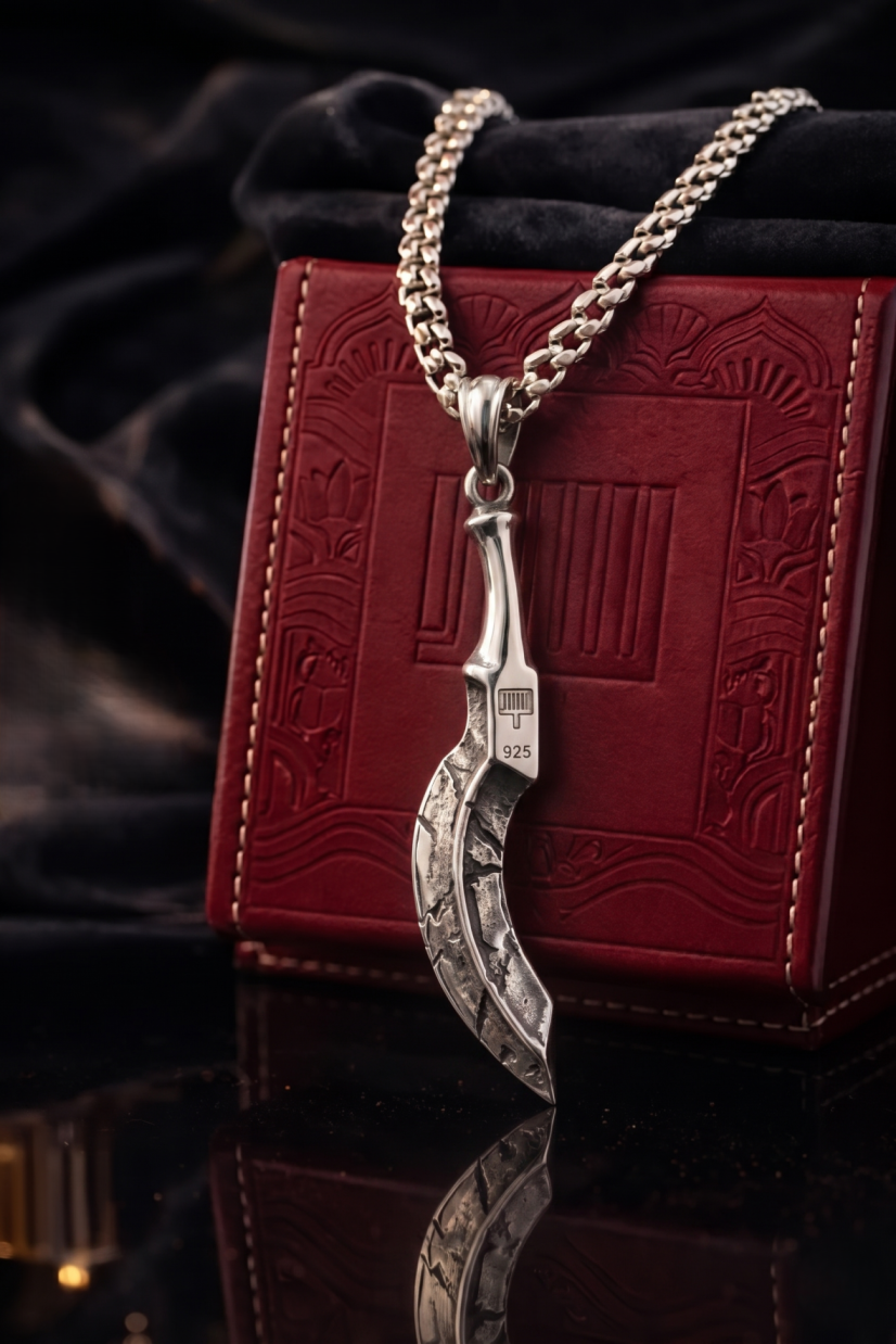 Silver dagger-shaped pendant on a chain against a red textured background