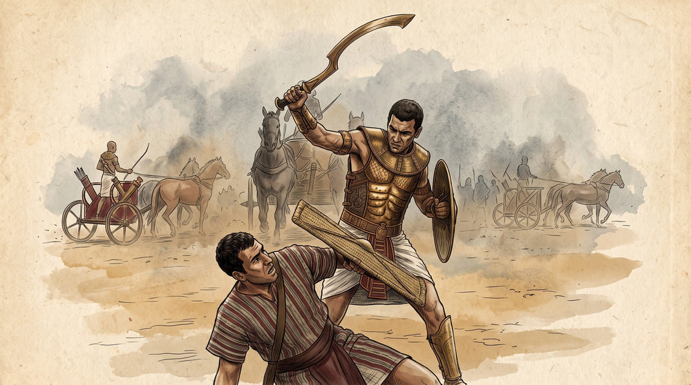 Vintage-style illustration of an ancient battle scene with a warrior in bronze armor holding a curved sword and shield, with horses and chariots in the background on a parchment-like beige backdrop.
